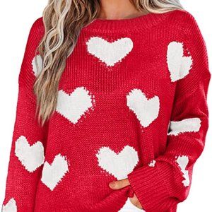 Cute Love Heart Print Sweaters Oversized Off The Shoulder Loose Knitted